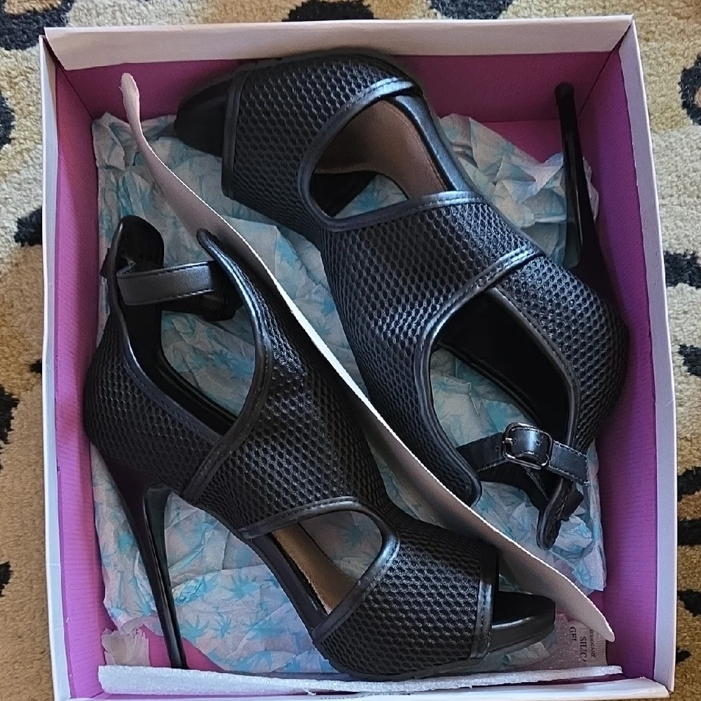 Steve Madden Black Mesh Cutout High Heel Sandals - Picture 9 of 9